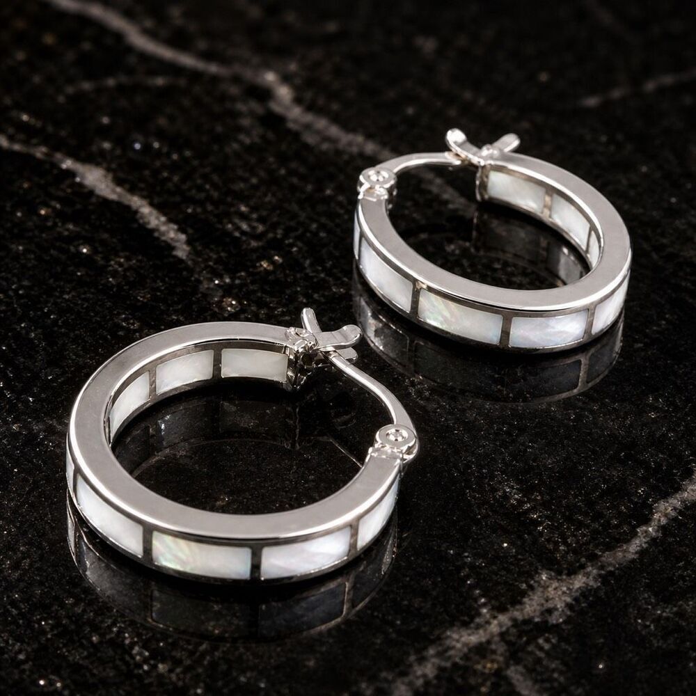 Huggies with Faux Opal Inlay, Small Silver Tone Hoops